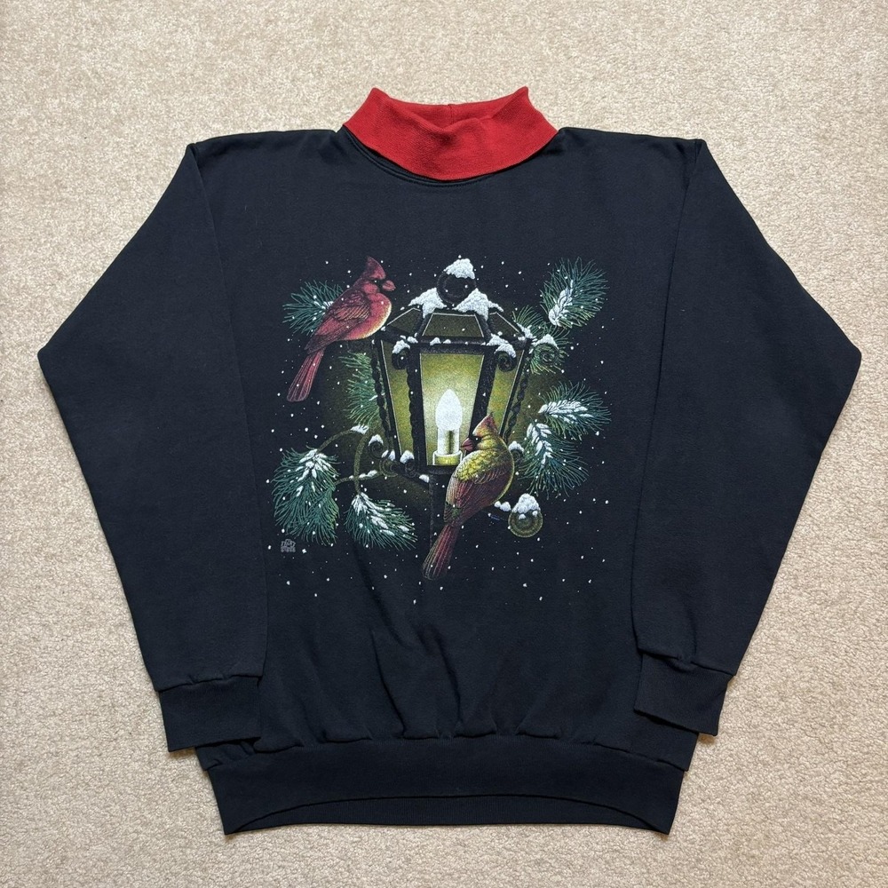 Cardinal Bird Sweatshirt Womens Medium Black Christmas Festive Grandma Mock Neck